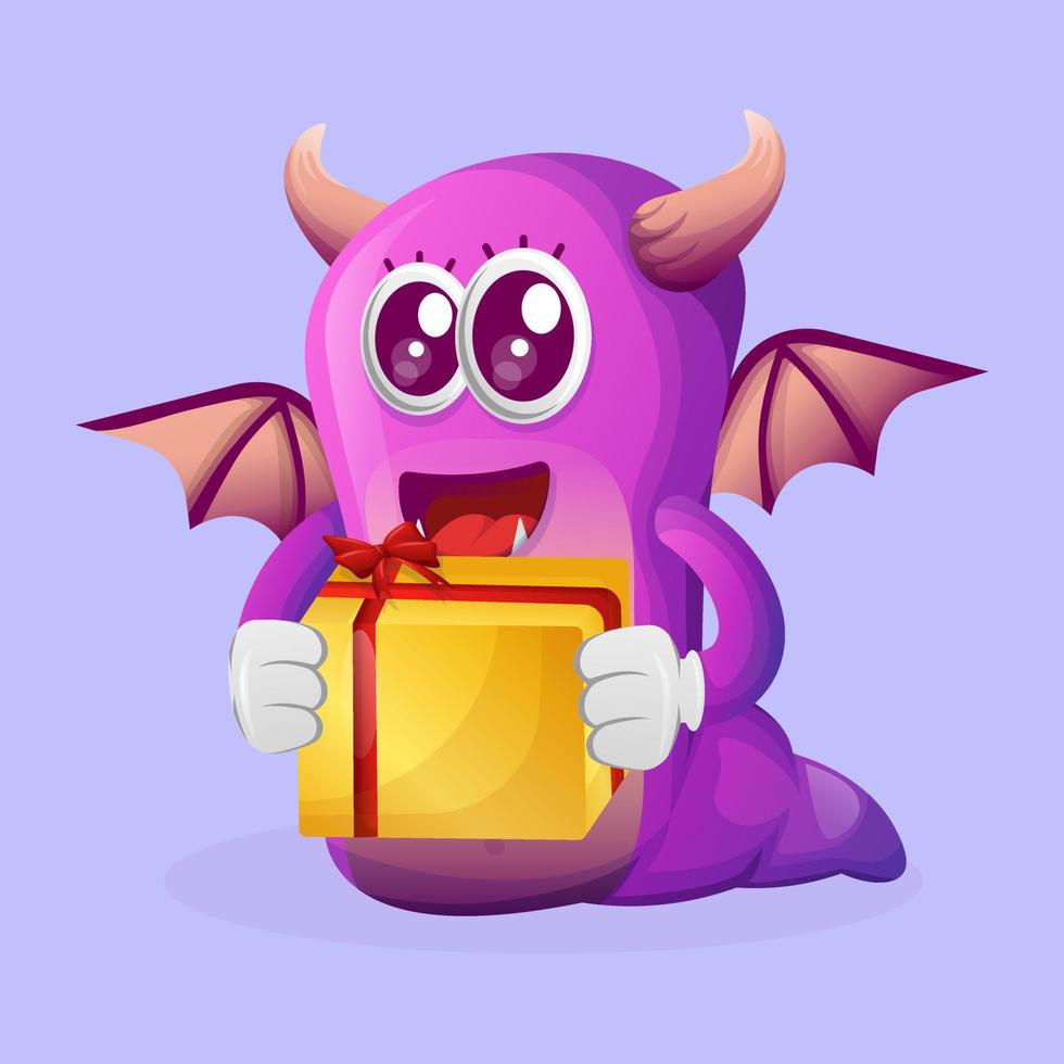 mignon monstre violet tenant une boîte cadeau vecteur