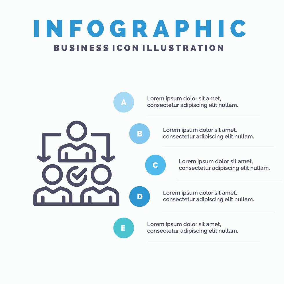 délégué d'affectation déléguant l'icône de la ligne de distribution avec 5 étapes présentation infographie backgro vecteur