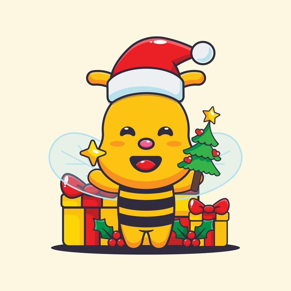 abeille mignonne tenant une étoile et un sapin de noël. illustration de dessin animé de noël mignon. vecteur