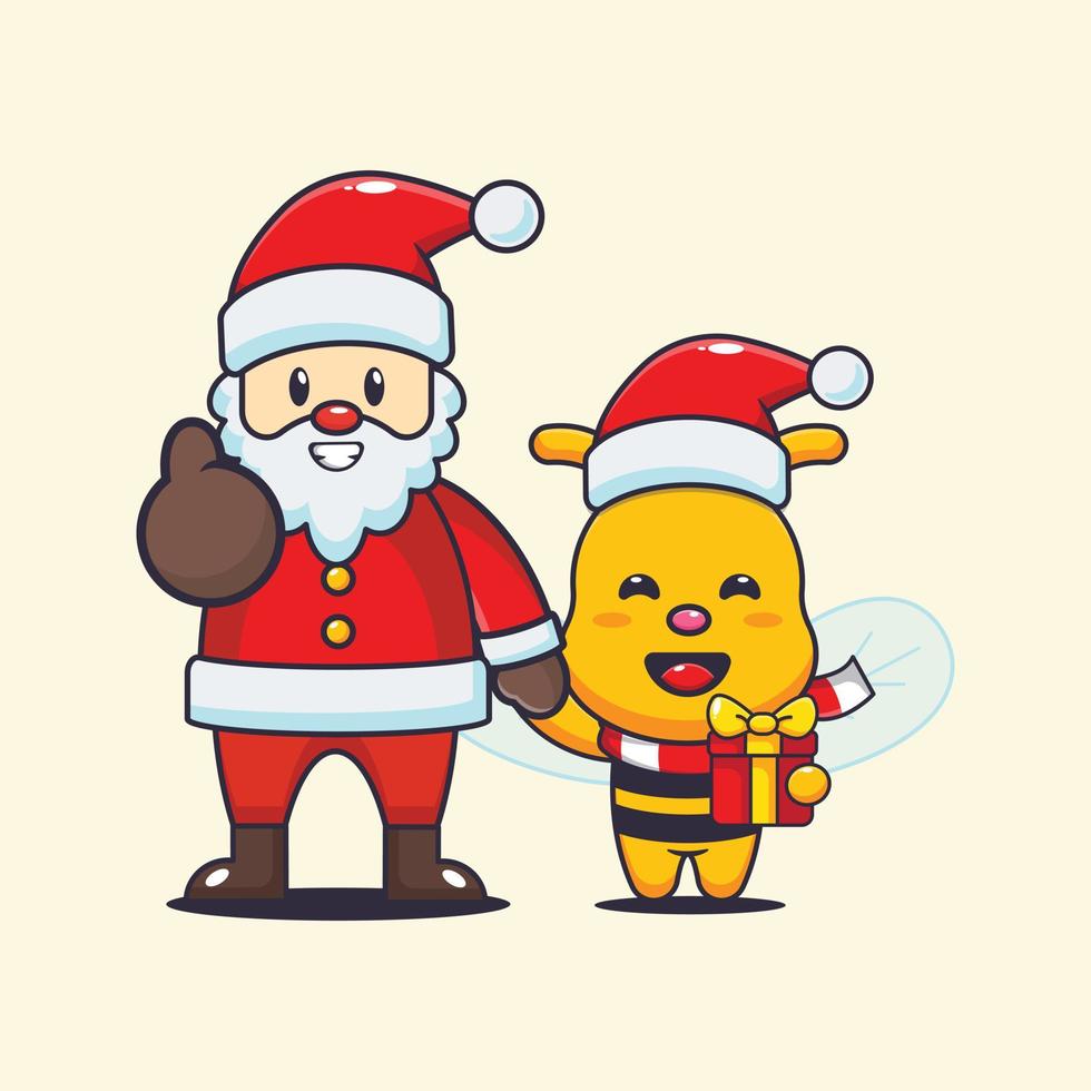 abeille mignonne avec le père noël. illustration de dessin animé de noël mignon. vecteur