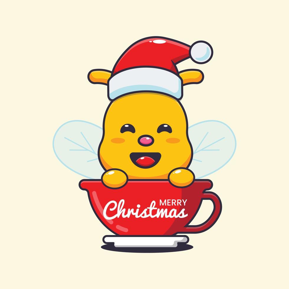 abeille mignonne portant un bonnet de noel dans une tasse. illustration de dessin animé de noël mignon. vecteur