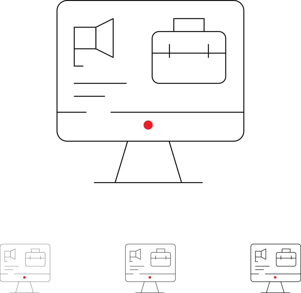 travail de haut-parleur de sac d'ordinateur jeu d'icônes de ligne noire audacieuse et mince vecteur
