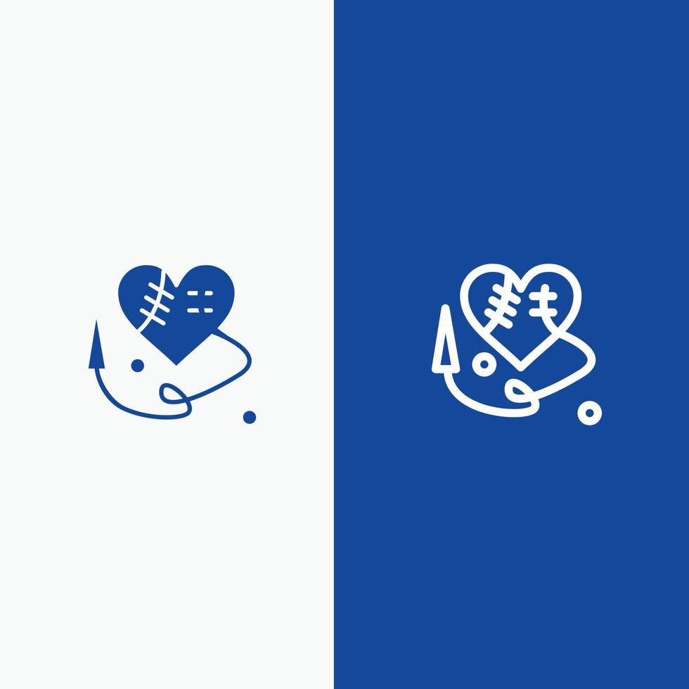 coeur de couture coeur brisé coeur ligne et glyphe icône solide bannière bleue ligne et glyphe icône solide blu vecteur