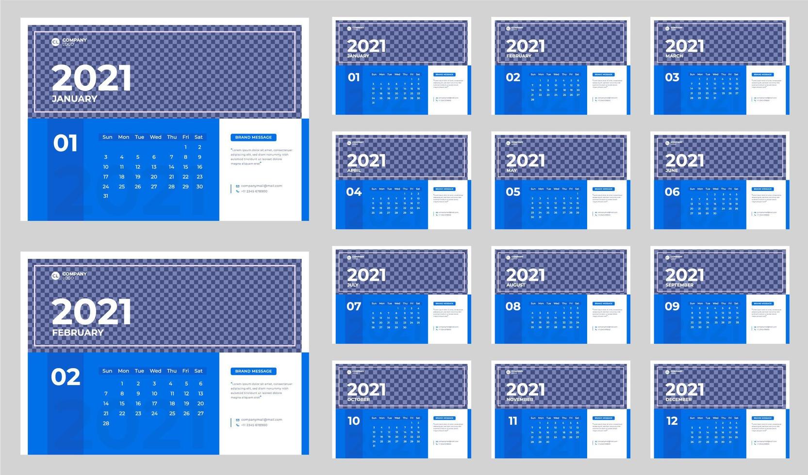 calendrier de bureau d'entreprise bleu et blanc pour 2021 vecteur