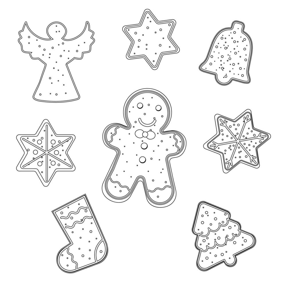 ensemble d'homme de biscuits de pain d'épice de contour, arbre de Noël, étoile, chaussette, ange. illustration vectorielle vecteur