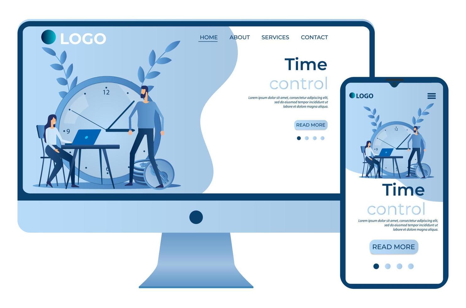 contrôle du temps.gestion du temps.planification et résolution de tâches.personnes au bureau .modèle de site, concept de page d'accueil.la conception adaptative.l'écran du smartphone et de l'ordinateur.illustration vectorielle. vecteur