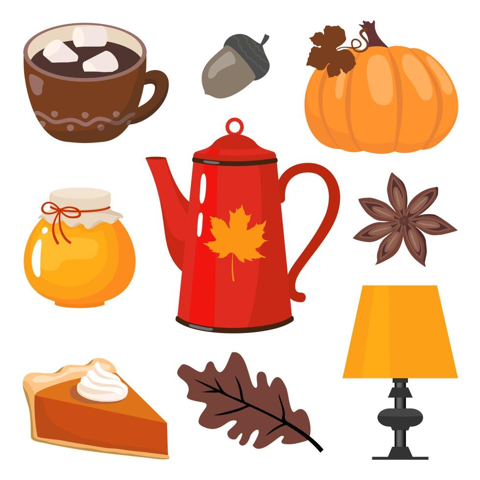 ensemble d'éléments d'automne - cercueil rouge, citrouille, tasse à café, anis étoilé, tarte à la citrouille, luminaire. vecteur