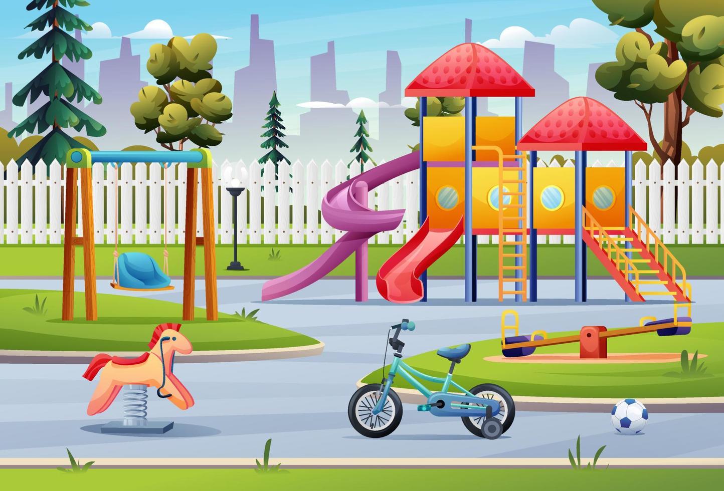 paysage de parc public d'aire de jeux pour enfants avec illustration de dessin animé de toboggan, balançoire, vélo et jouets vecteur
