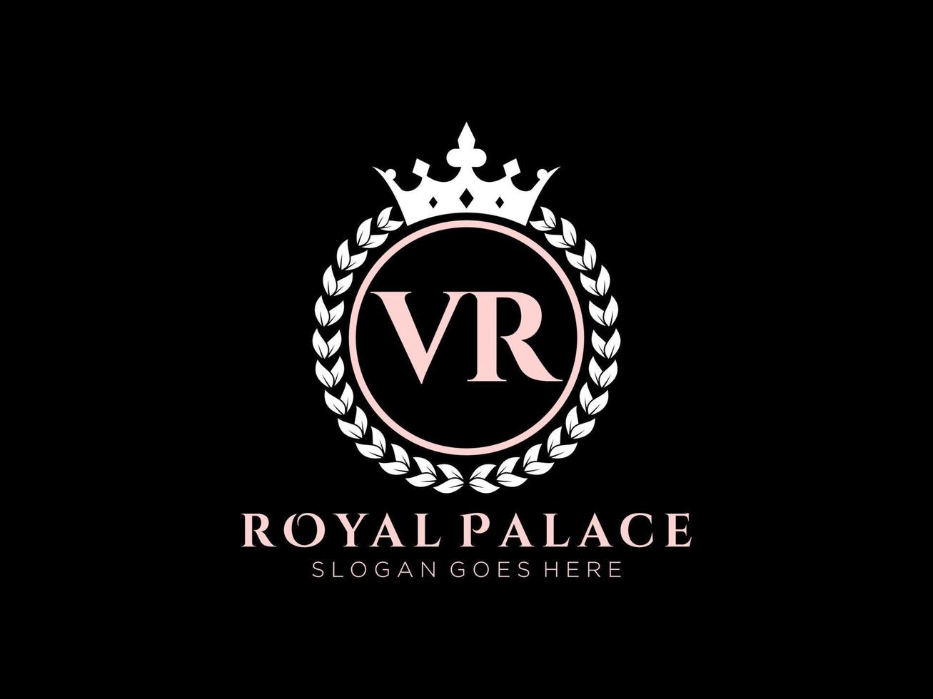 lettre vr logo victorien de luxe royal antique avec cadre ornemental. vecteur