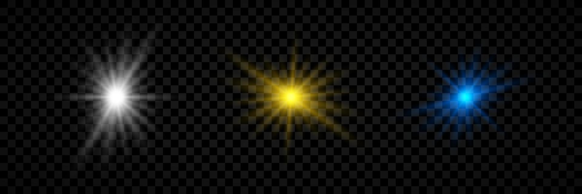 effet de lumière des fusées éclairantes. ensemble de trois effets de starburst de lumières rougeoyantes blanches, jaunes et bleues avec des étincelles sur un fond transparent. illustration vectorielle vecteur
