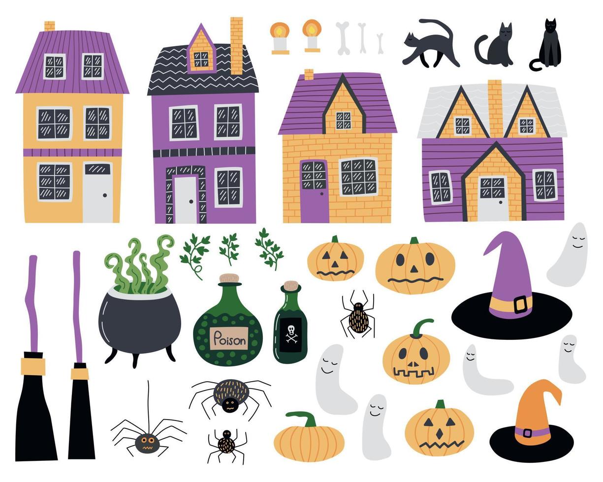 ensemble d'autocollants d'halloween vectoriels. objets d'halloween mignons dans un ensemble de style dessin animé. maison de campagne, balai, chapeau de sorcière, potion, tête de citrouille et araignée vecteur