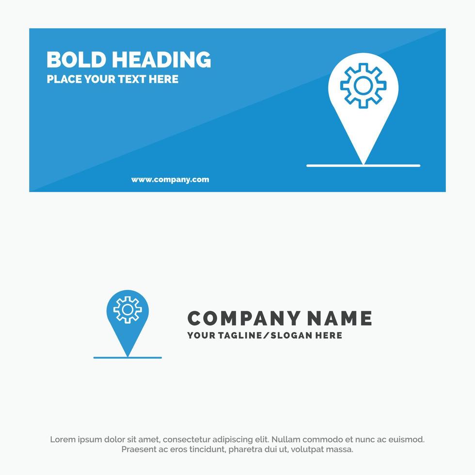 bannière de site Web d'icône solide d'engrenage de carte de localisation d'entreprise et modèle de logo d'entreprise vecteur