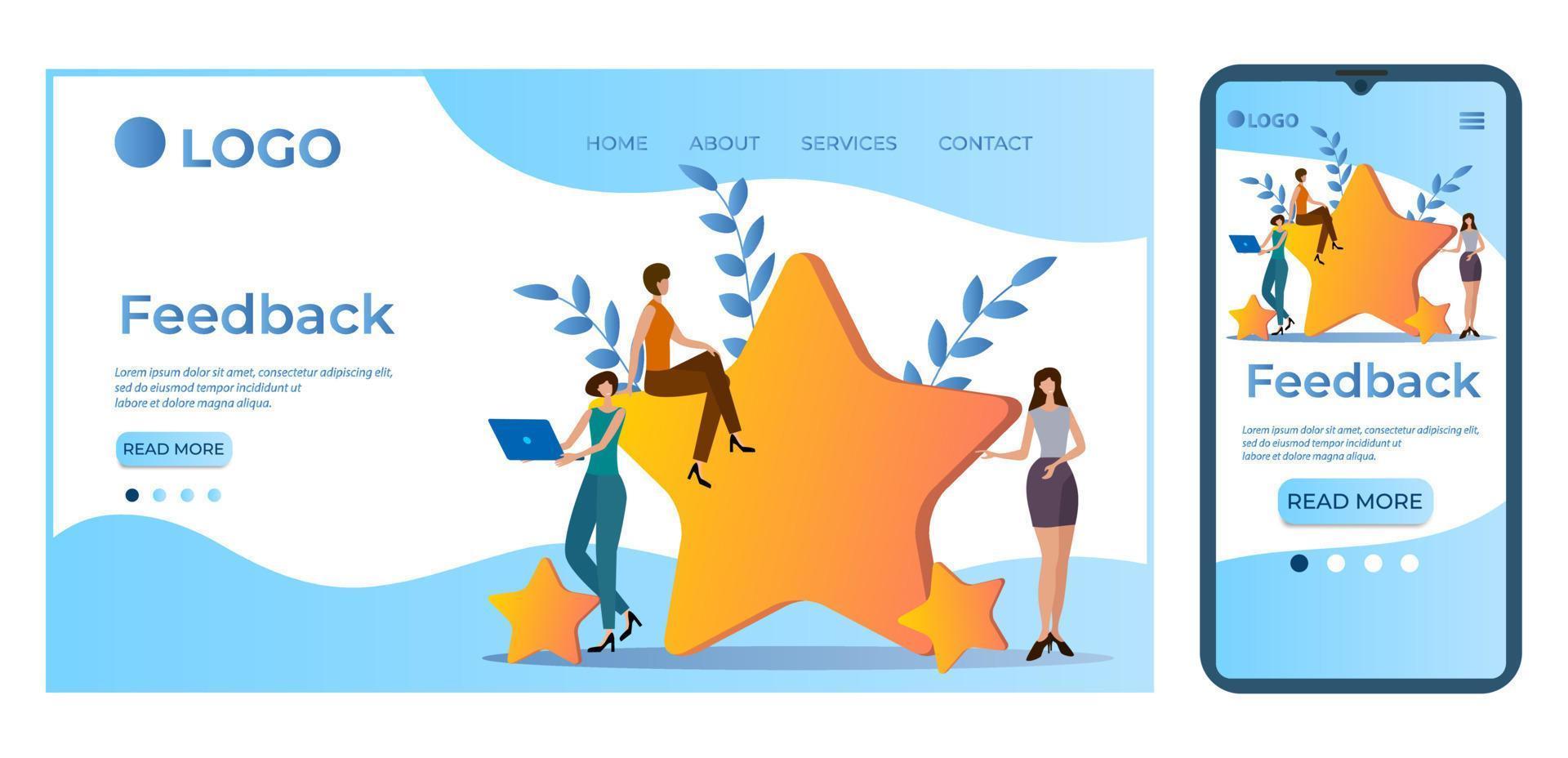 feedback.the concept of public relations.evaluation of the success rating.rating agency.people on the background of rating stars.the template of the landing page.flat vector illustration.