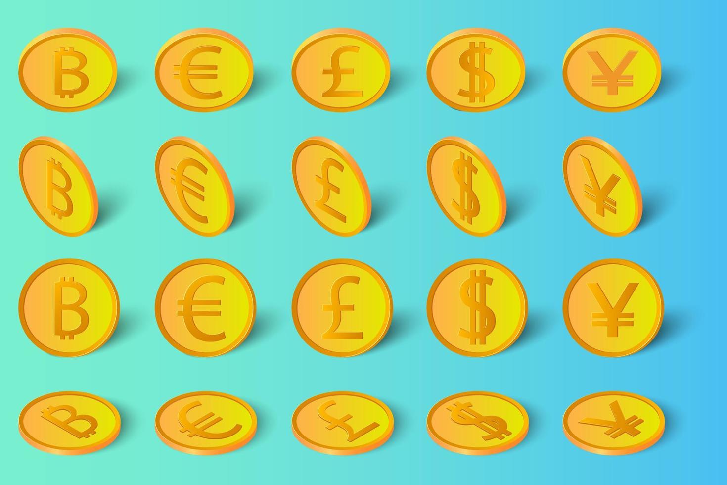 le bitcoin dollar euro livre et yen avec les ombres .un ensemble de pièces de crypto-monnaies européennes américaines de pièces britanniques et japonaises sous différents angles isolés sur un fond bleu-vert. vecteur
