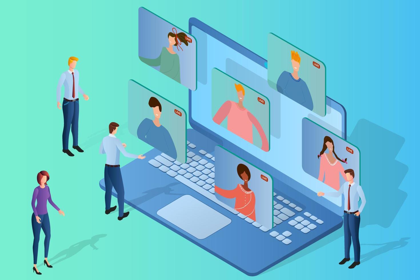 vidéoconférence.le concept de tenue d'une vidéoconférence en ligne.les gens utilisent un ordinateur portable pour communiquer.utilisation des technologies modernes pour la communication.illustration vectorielle isométrique. vecteur