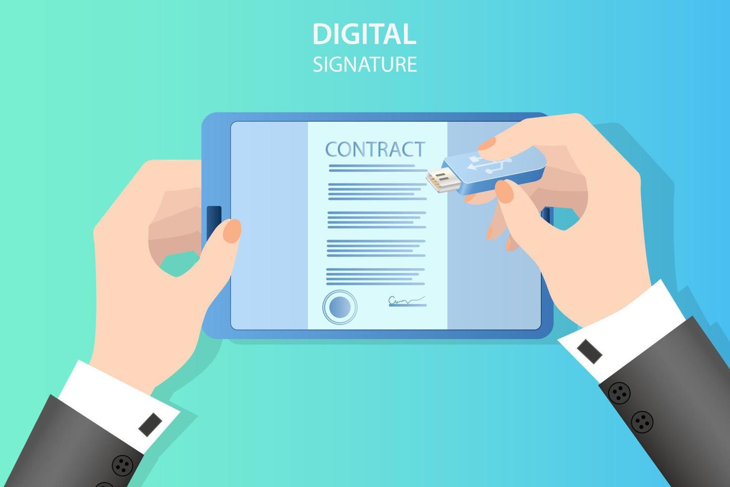 un homme d'affaires signe un contrat à l'aide d'une tablette et d'une signature numérique. concept d'activité commerciale de négociations et d'accords réussis. illustration vectorielle plate. vecteur