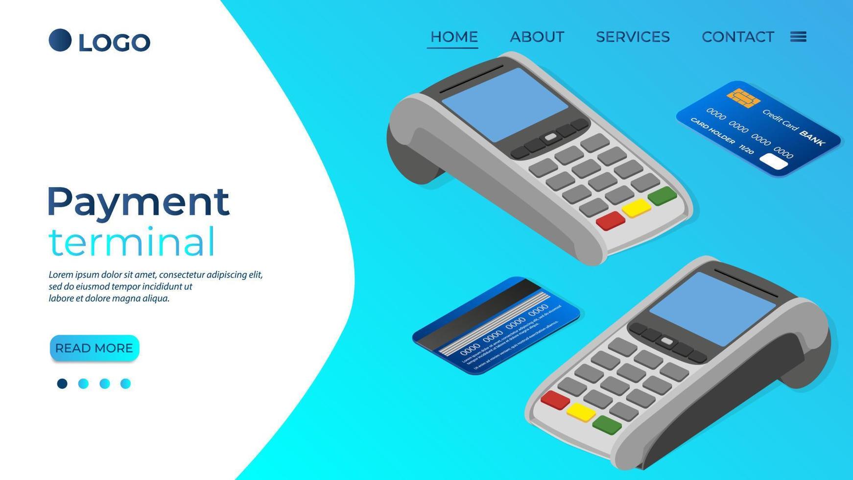 terminal de paiement carte de crédit et pièces.image isométrique des terminaux de paiement sous différents angles et cartes de crédit.le concept de paiements en ligne et de transferts d'argent.illustration vectorielle. vecteur