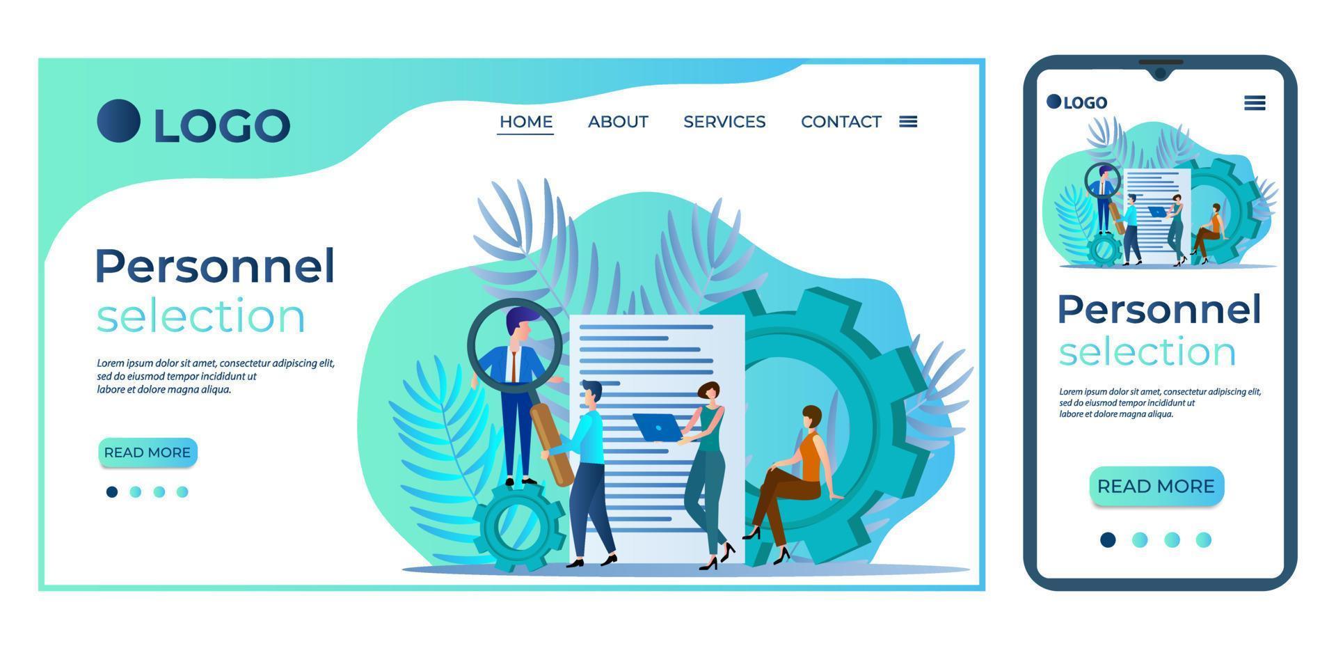 sélection du personnel.les gens recherchent des travailleurs.utilisez une loupe et un questionnaire.le concept de recherche de nouveaux employés.modèle de page d'accueil et adaptation pour votre smartphone. vecteur