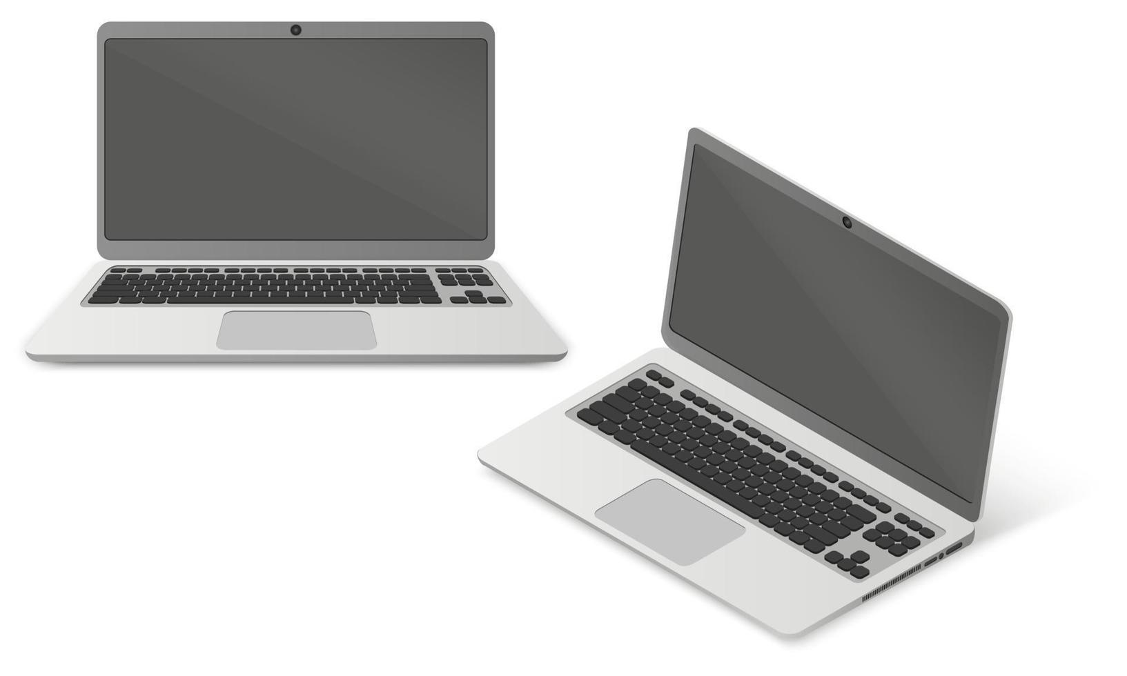 maquette d'ordinateur portable réaliste. ordinateur portable dans deux projections isolées sur un fond blanc. conçu pour l'infographie des présentations et des éléments de conception. illustration vectorielle. vecteur