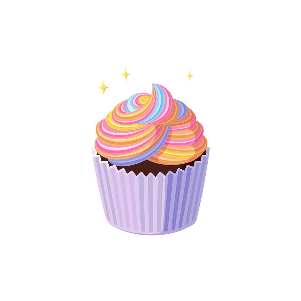 cupcake arc-en-ciel avec glaçage brillant coloré. tasse de crème tourbillonnée. dessert savoureux avec glaçage arc-en-ciel pastel. illustration vectorielle vecteur