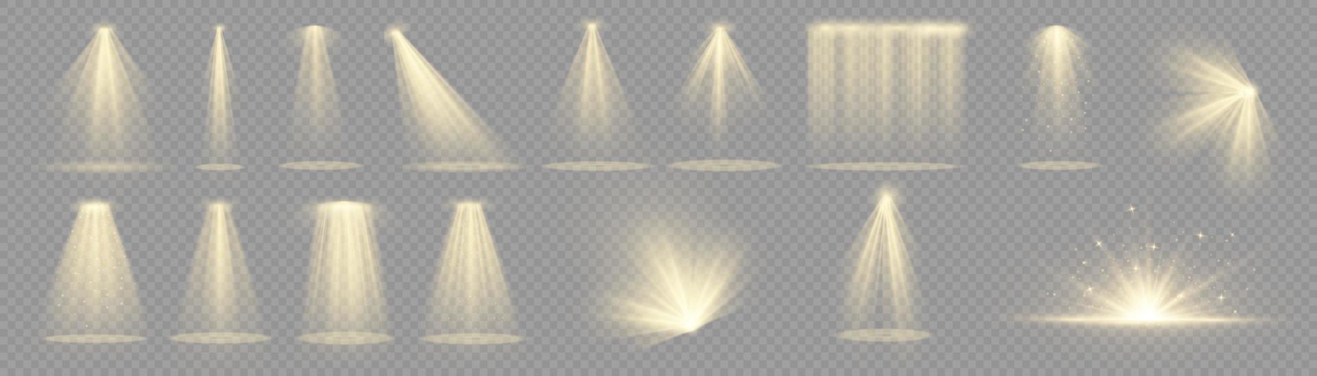 projecteur de vecteur. effet de lumière de couleur jaune. effet de lumière scintillante dorée isolée rougeoyante. conception d'effets spéciaux de projecteur d'étincelle. élément de vecteur de rayon. jaune isolé brillant