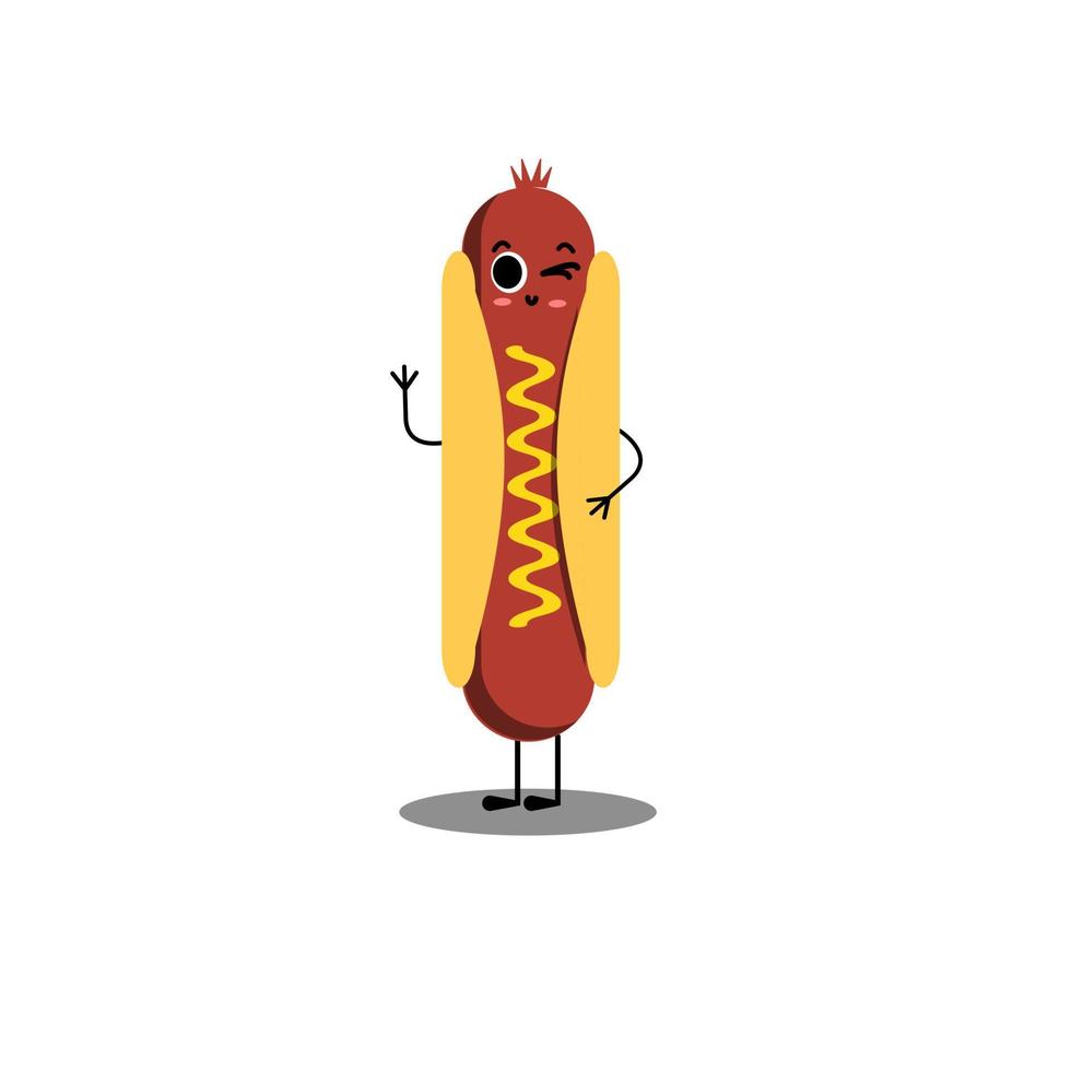 Hot-dog. mignon personnage de vecteur de restauration rapide. Hot-dog. mignon personnage de vecteur de restauration rapide. hot-dog américain. concept de restauration rapide heureux. émoticône drôle. idée de smiley. conception de dessin animé emoji pour livre de coloriage pour enfants