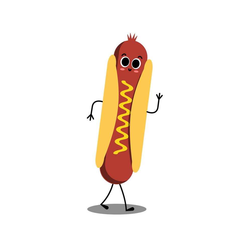 Hot-dog. mignon personnage de vecteur de restauration rapide. Hot-dog. mignon personnage de vecteur de restauration rapide. hot-dog américain. concept de restauration rapide heureux. émoticône drôle. idée de smiley. conception de dessin animé emoji pour livre de coloriage pour enfants