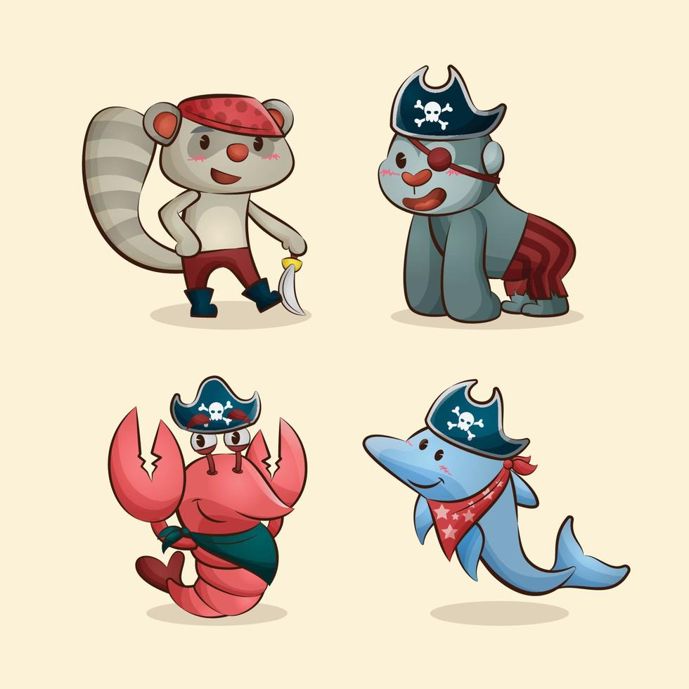 collection d'illustrations de dessins animés de personnages de pirates d'animaux drôles vecteur