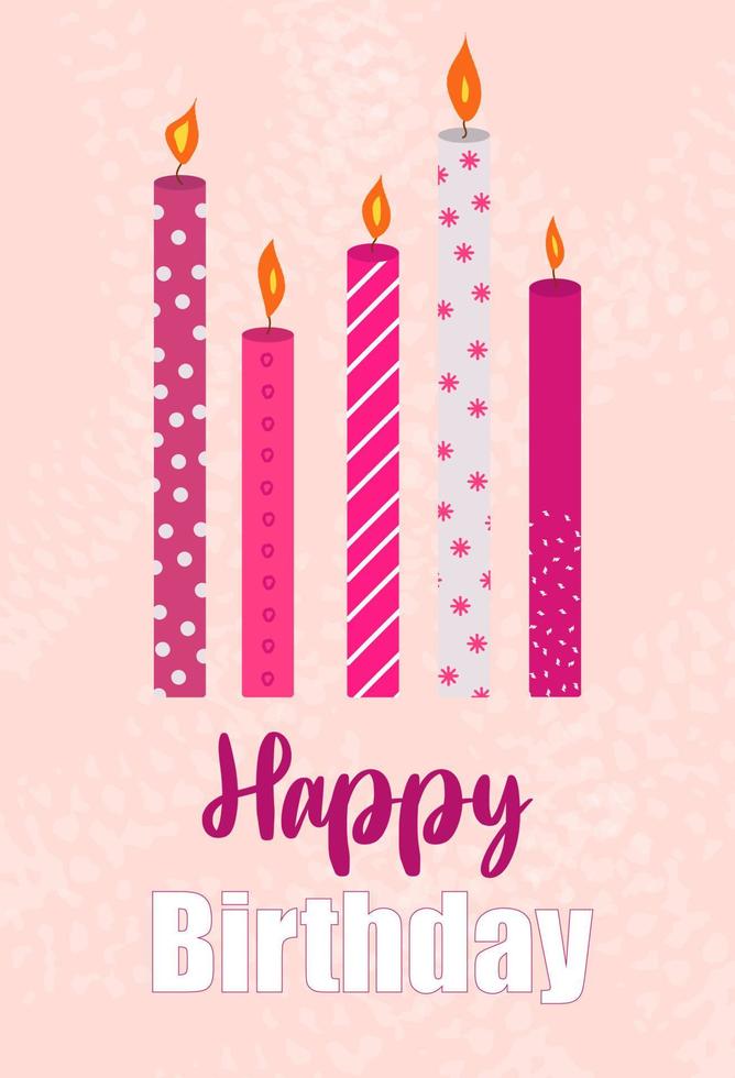 carte de voeux avec joyeux anniversaire et bougies roses. vecteur