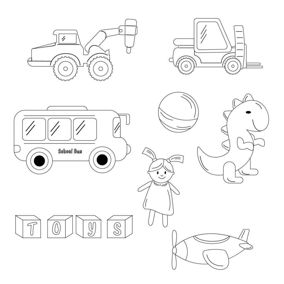 collection de contours de jouets pour enfants. tracteur, bus, poupée, dinosaure, balle, hélicoptère, cubes vecteur