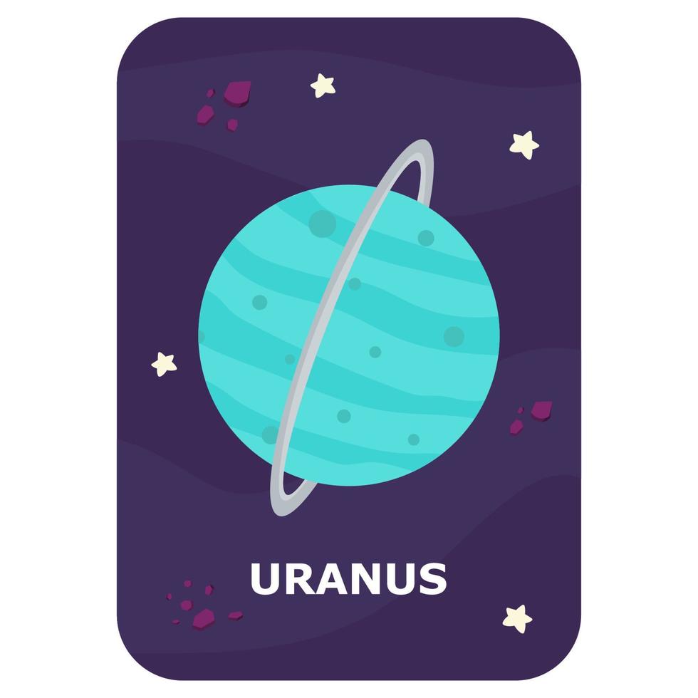 Uranus. carte flash de l'espace vectoriel. jeu de langue anglaise avec un astronaute mignon, une fusée, une planète, une comète, un extraterrestre pour les enfants. flashcards d'astronomie avec des personnages amusants. feuille de travail imprimable éducative simple. vecteur