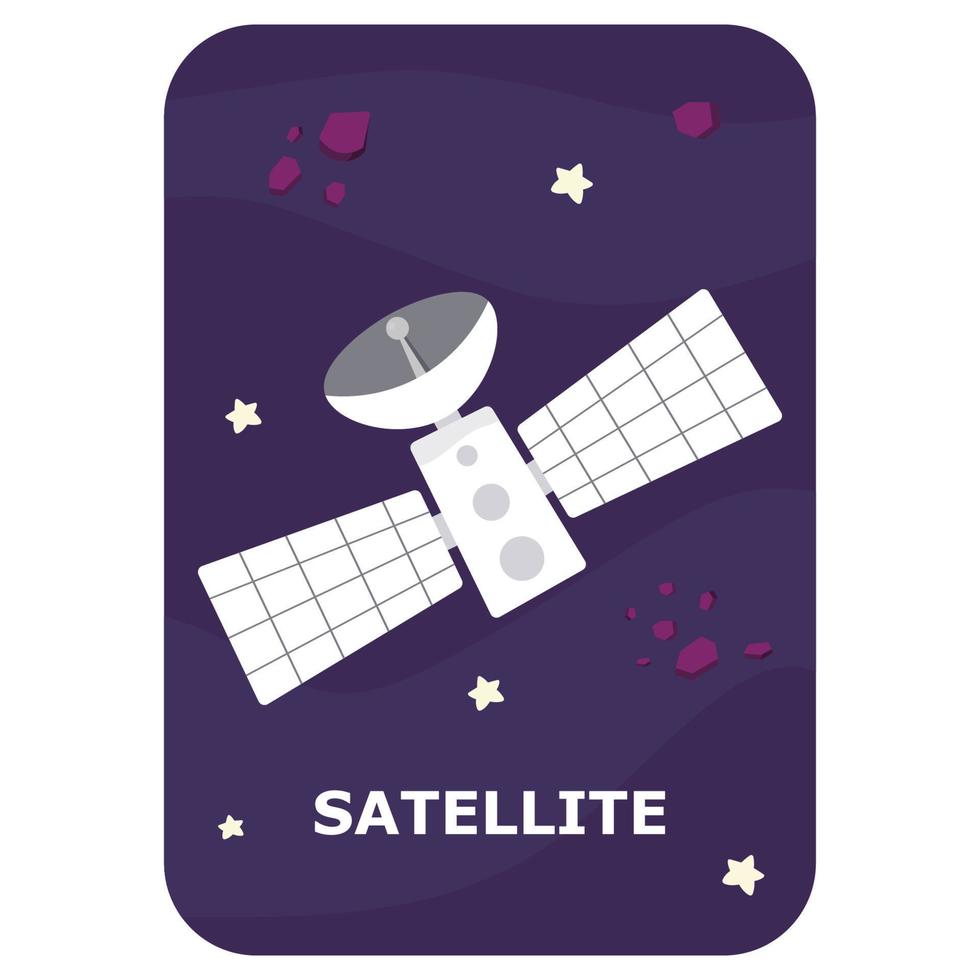 Satellite. carte flash de l'espace vectoriel. jeu de langue anglaise avec un astronaute mignon, une fusée, une planète, une comète, un extraterrestre pour les enfants. flashcards d'astronomie avec des personnages amusants. feuille de travail éducative simple à imprimer vecteur