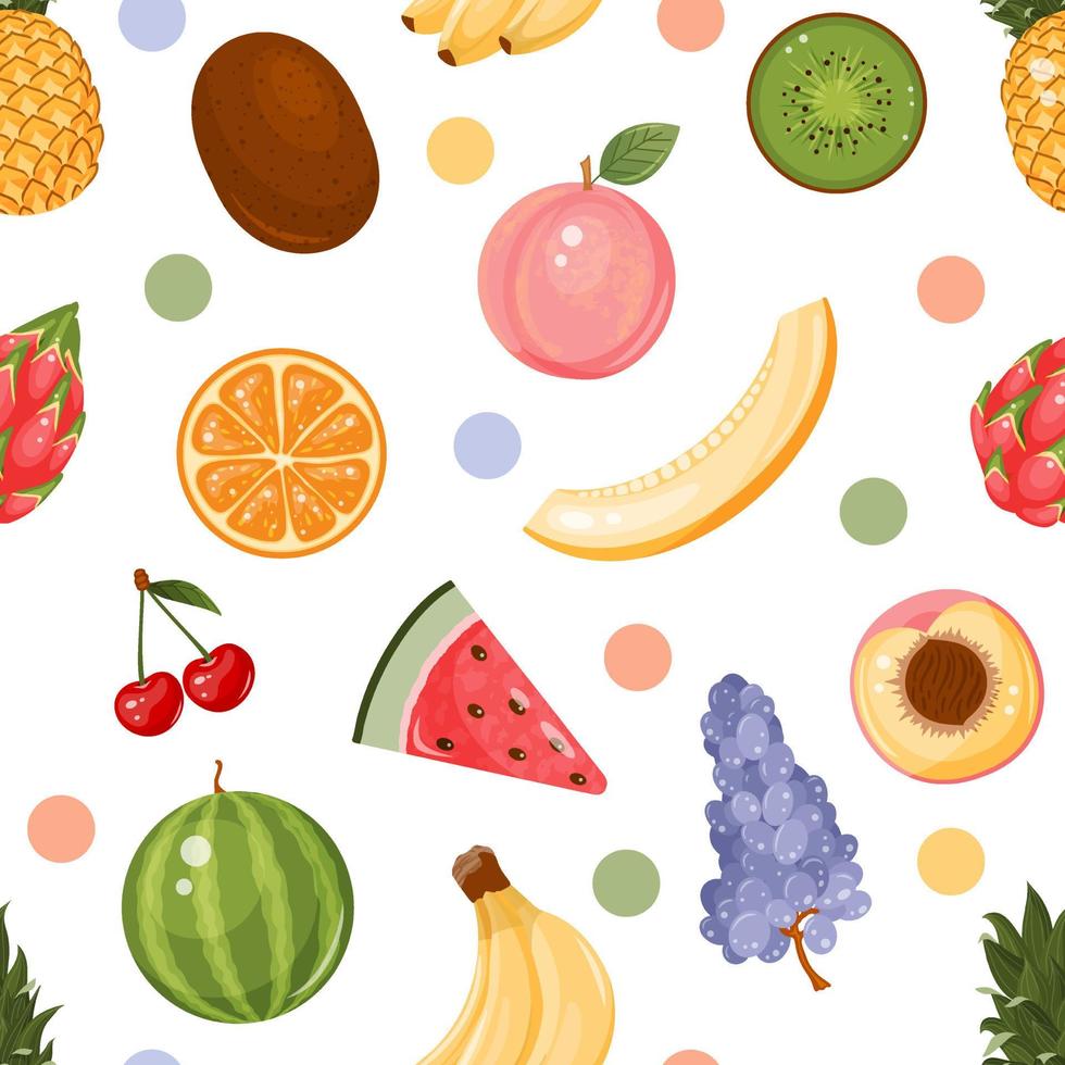 modèle sans couture de fruits frais de couleur. ananas, pastèque, melon, raisin, kiwi, bananes. illustration vectorielle. style bande dessinée. vecteur