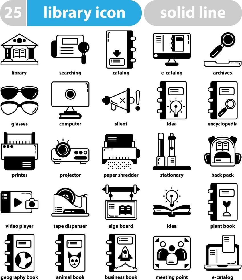 jeu d'icônes de bibliothèque. icônes sur le thème de la bibliothèque et de l'école. vecteur