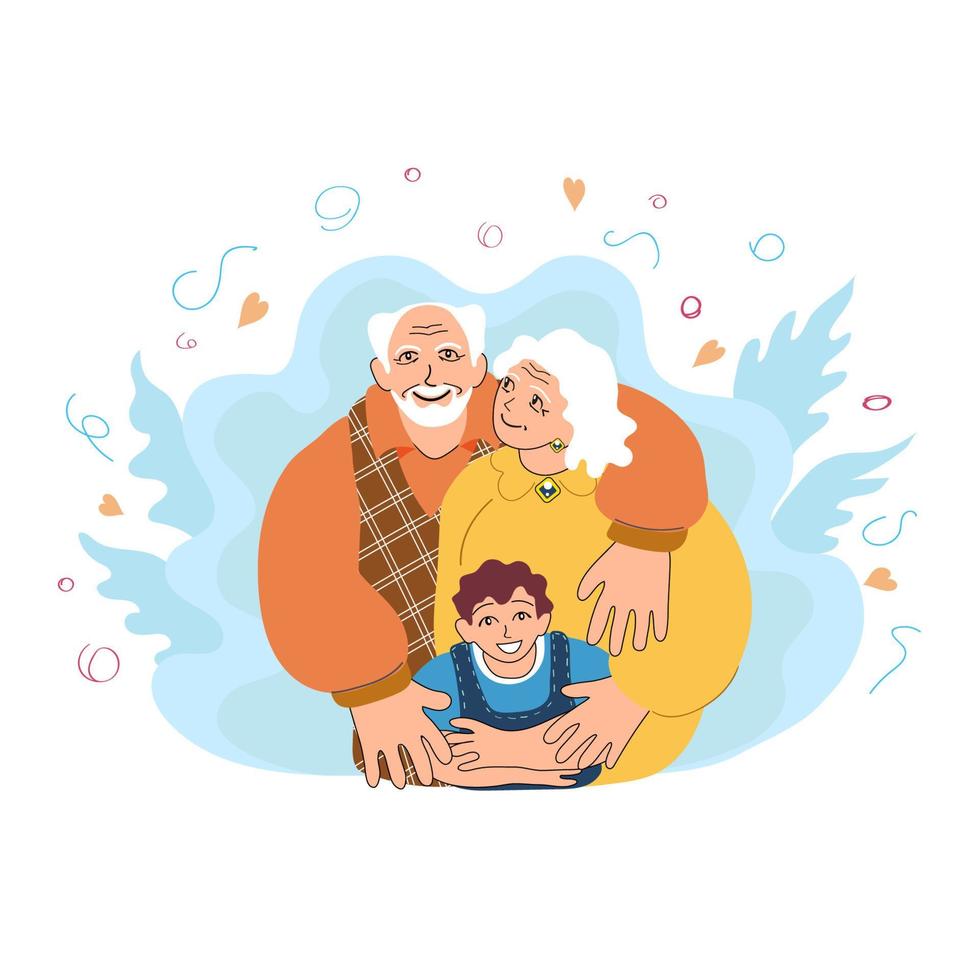 joyeux grands-parents européens debout avec leur petit-enfant dans une douce étreinte protectrice. aimer un couple de personnes âgées avec un jeune enfant. illustration comique vecteur