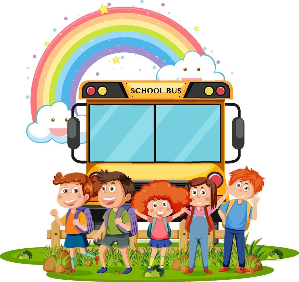 enfants avec autobus scolaire en style cartoon vecteur