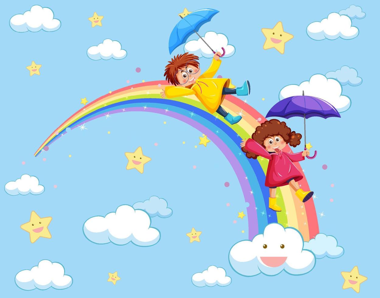 enfants heureux dans le ciel avec arc-en-ciel vecteur