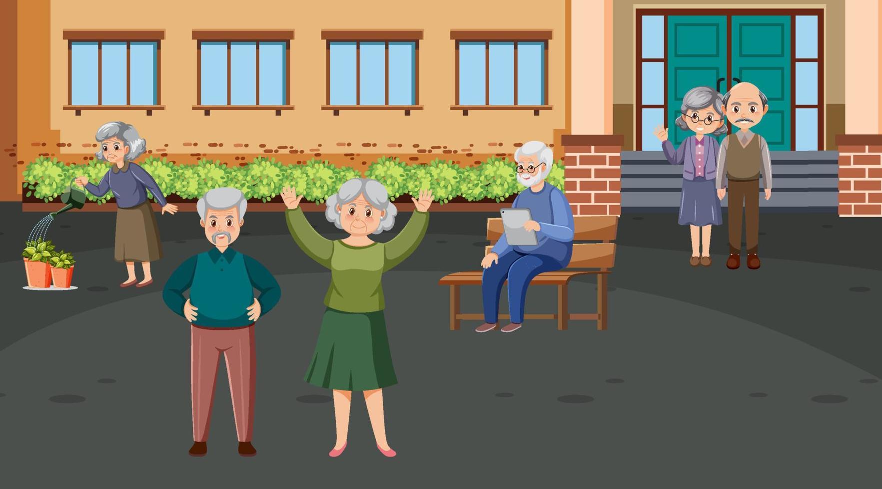 scène extérieure avec des personnes âgées faisant de l'activité vecteur