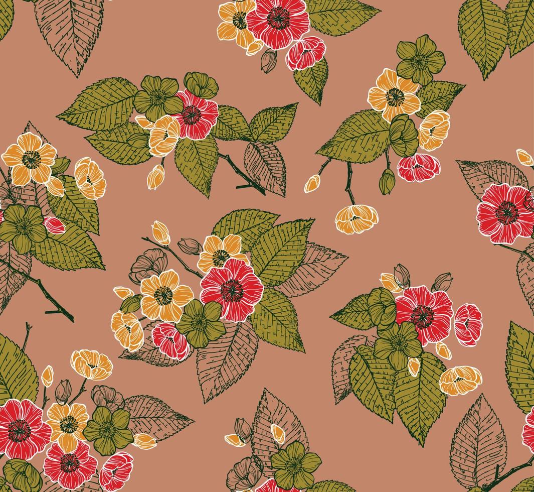 fleurs sauvages, feuilles, branches, bonbons répètent l'ensemble de conception de motifs.fait à la main. papier peint, tissu ou conception de papier cadeau. illustration vectorielle.impression pour le linge de lit, le tissu, les textiles, le papier peint. vecteur