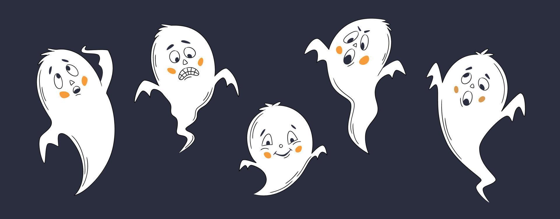 ensemble d'autocollants vectoriels d'halloween. une ligne de fantômes d'émoticônes d'halloween dessinés à la main. drôles de petits fantômes mignons. doodle pour logo, affiche, emblème. style de bande dessinée vecteur
