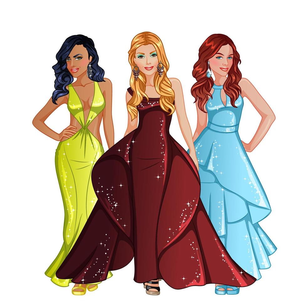 thème du concours de beauté beaux personnages féminins portant des robes de soirée. illustration vectorielle vecteur
