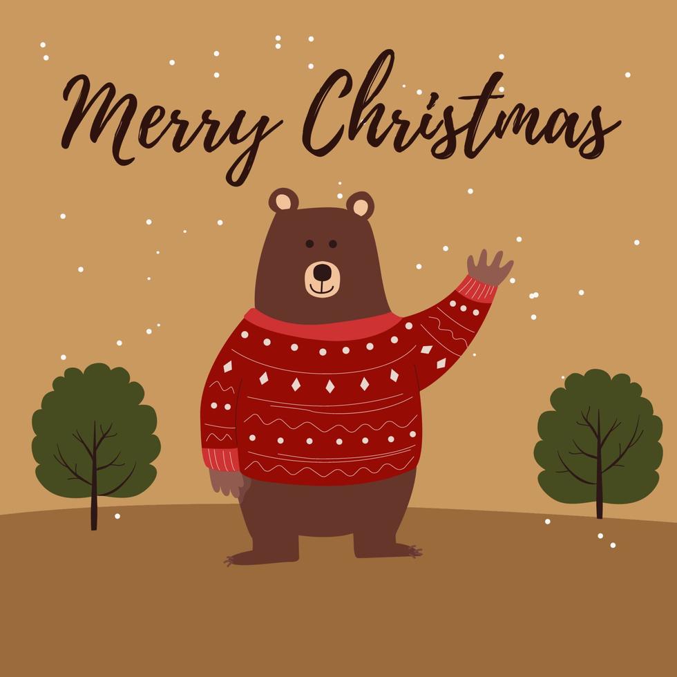 image vectorielle d'une couleur dorée avec une image d'un ours dans la nature, avec le texte joyeux noël vecteur