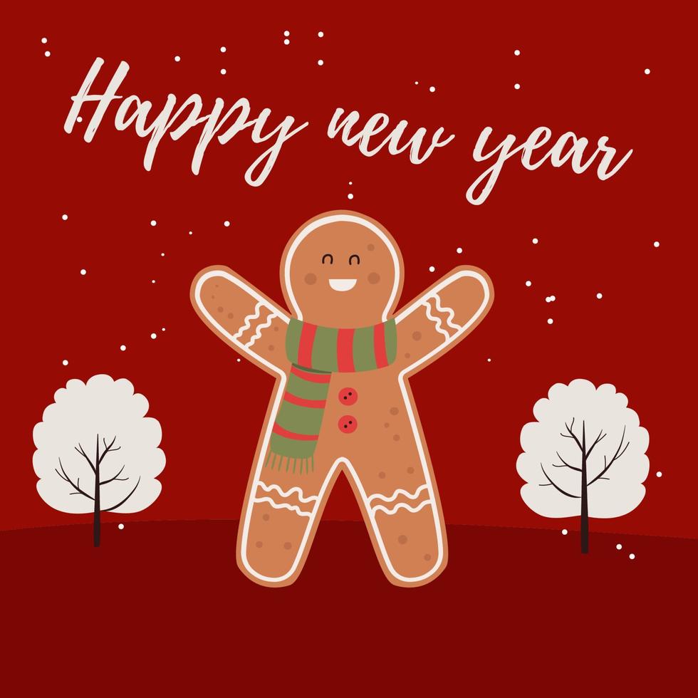 image vectorielle d'une couleur de fond rouge avec l'image d'un biscuit en pain d'épice, avec le texte joyeux noël. message, affiche, carte postale. vecteur