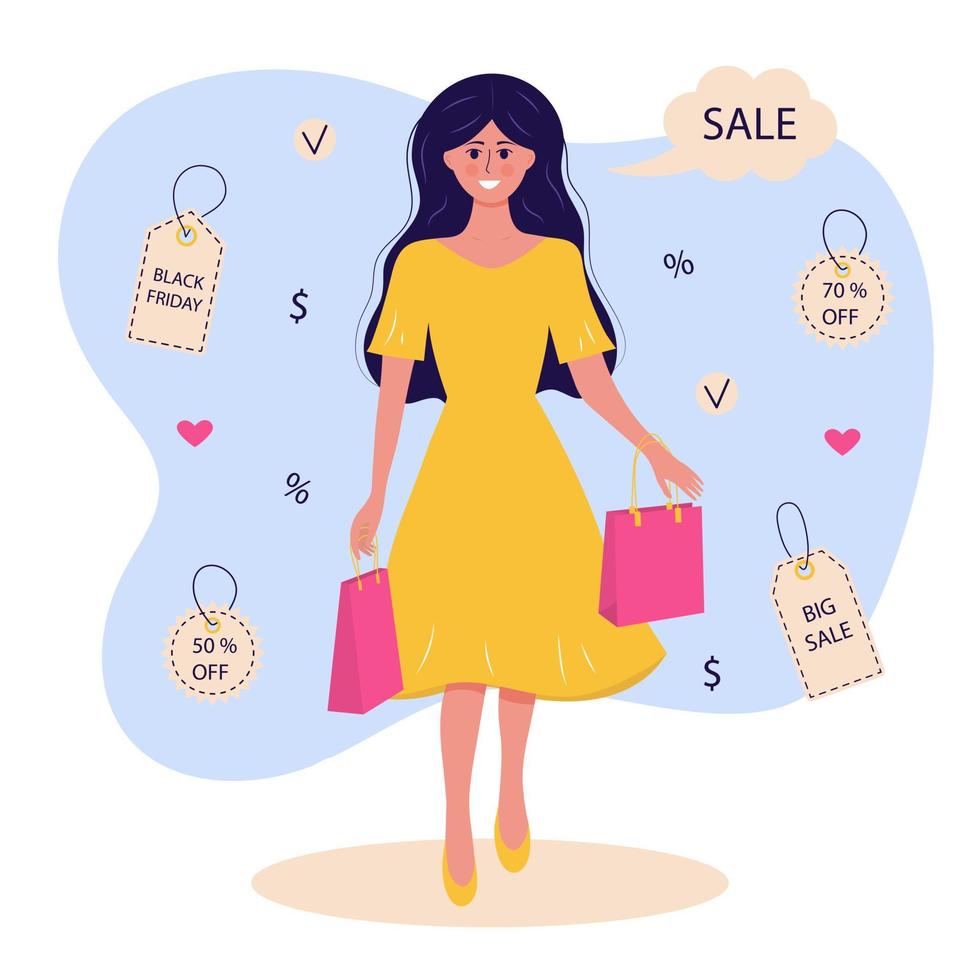 jeune fille heureuse tenant des colis après le shopping. étiquettes, étiquettes, vente, icônes de remise autour. vendredi noir, shopping, accro du shopping, concept de grande vente. vecteur