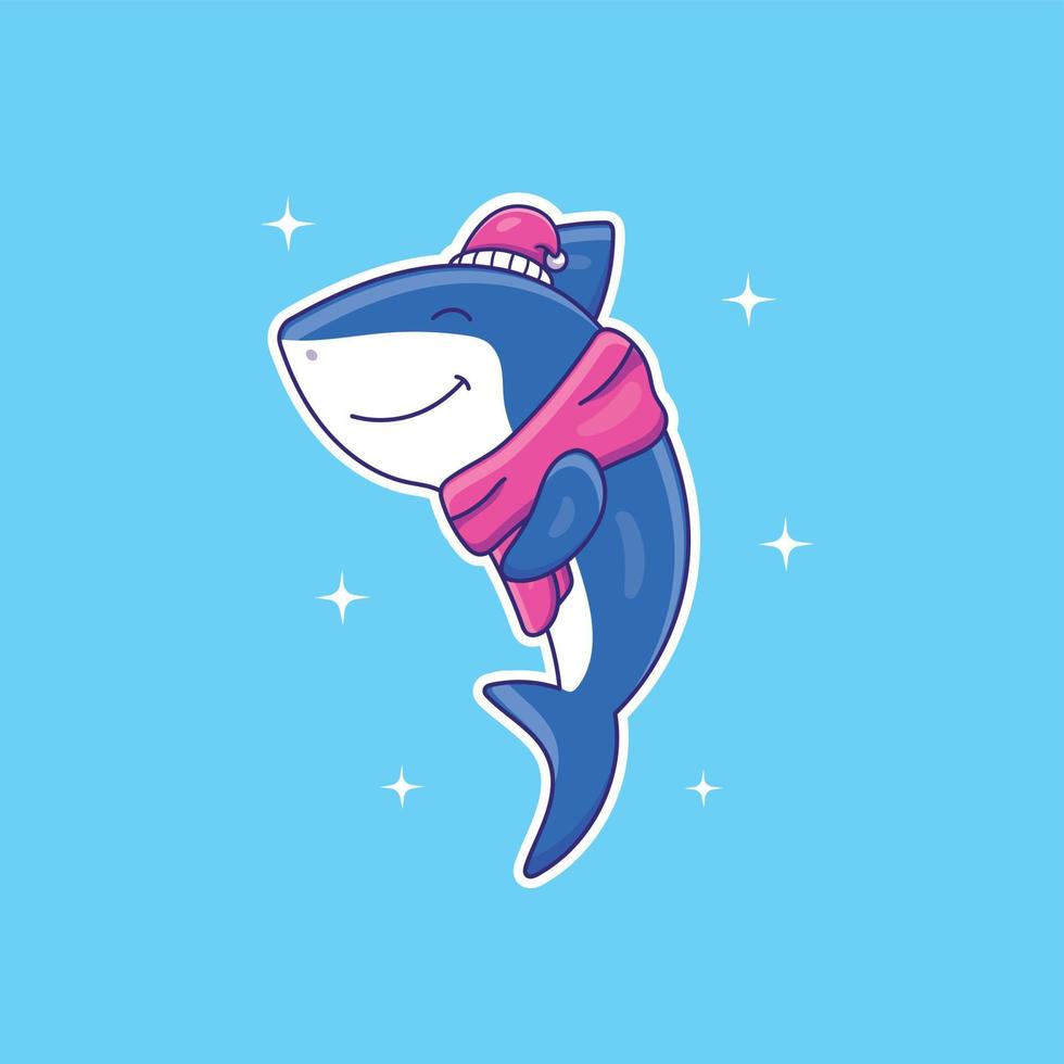 requin de dessin animé mignon portant un chapeau et une écharpe illustration vectorielle vecteur