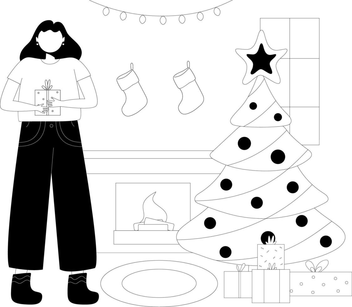 jolie fille mettant des coffrets cadeaux de noël sous le sapin de noël se préparant pour la célébration des vacances d'hiver. noël et bonne année femme célébrant. style plat tendance noir et blanc. présenter. vecteur