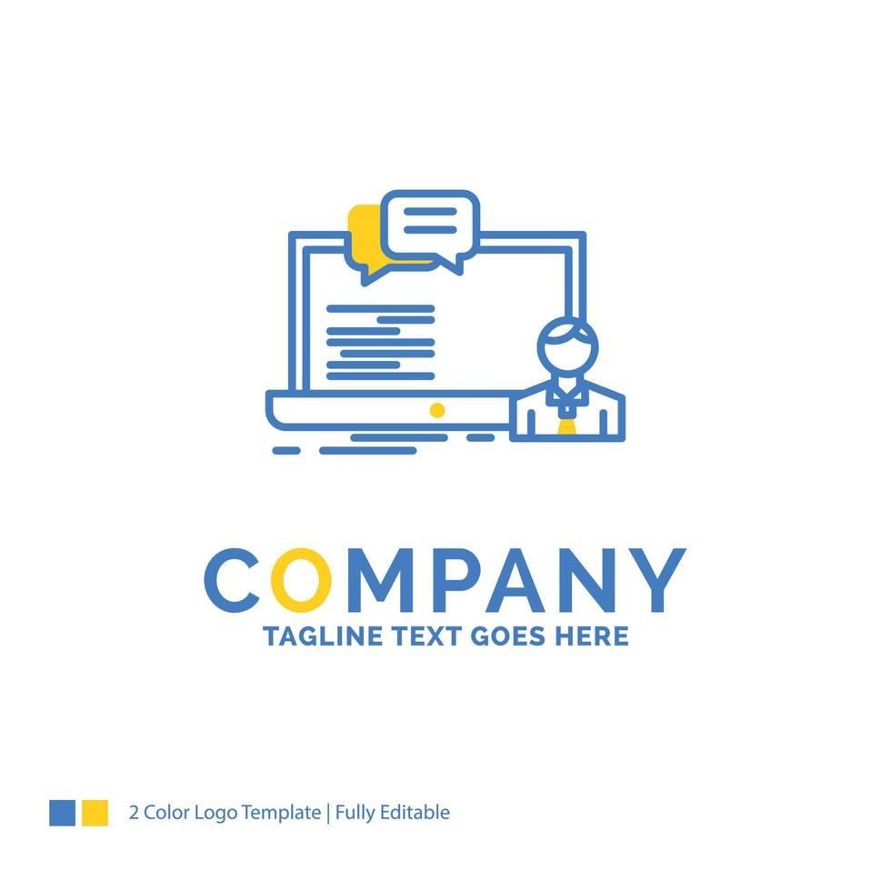 entraînement. cours. en ligne. l'ordinateur. chat modèle de logo d'entreprise jaune bleu. lieu de modèle de conception créative pour le slogan. vecteur
