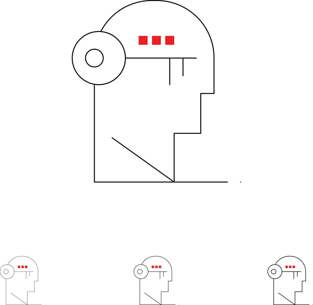 verrouillage de la clé du cerveau esprit déverrouiller jeu d'icônes de ligne noire audacieuse et mince vecteur