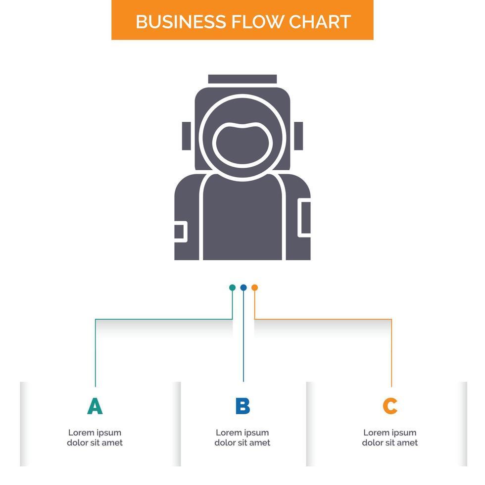 astronaute. espace. astronaute. casque. convient à la conception d'un organigramme d'entreprise en 3 étapes. icône de glyphe pour la place du modèle d'arrière-plan de présentation pour le texte. vecteur