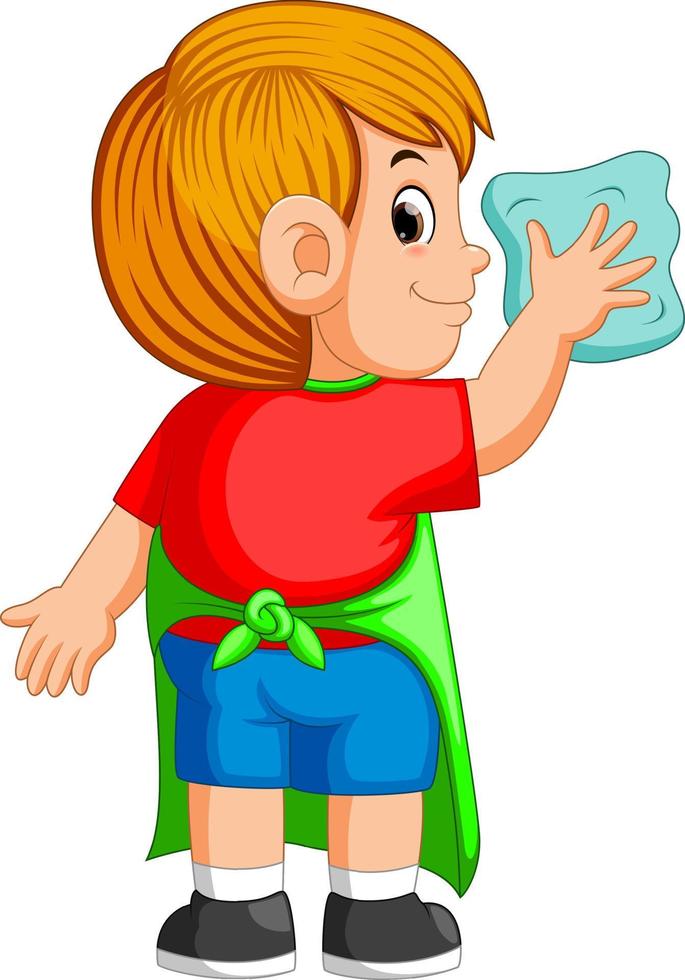 le garçon diligent faisant une activité quotidienne pour nettoyer avec la serviette bleue vecteur